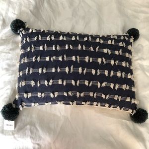 ANTHROPOLOGIE NAVY BLUE & CREAM POM POM THROW PILLOW CUSHION